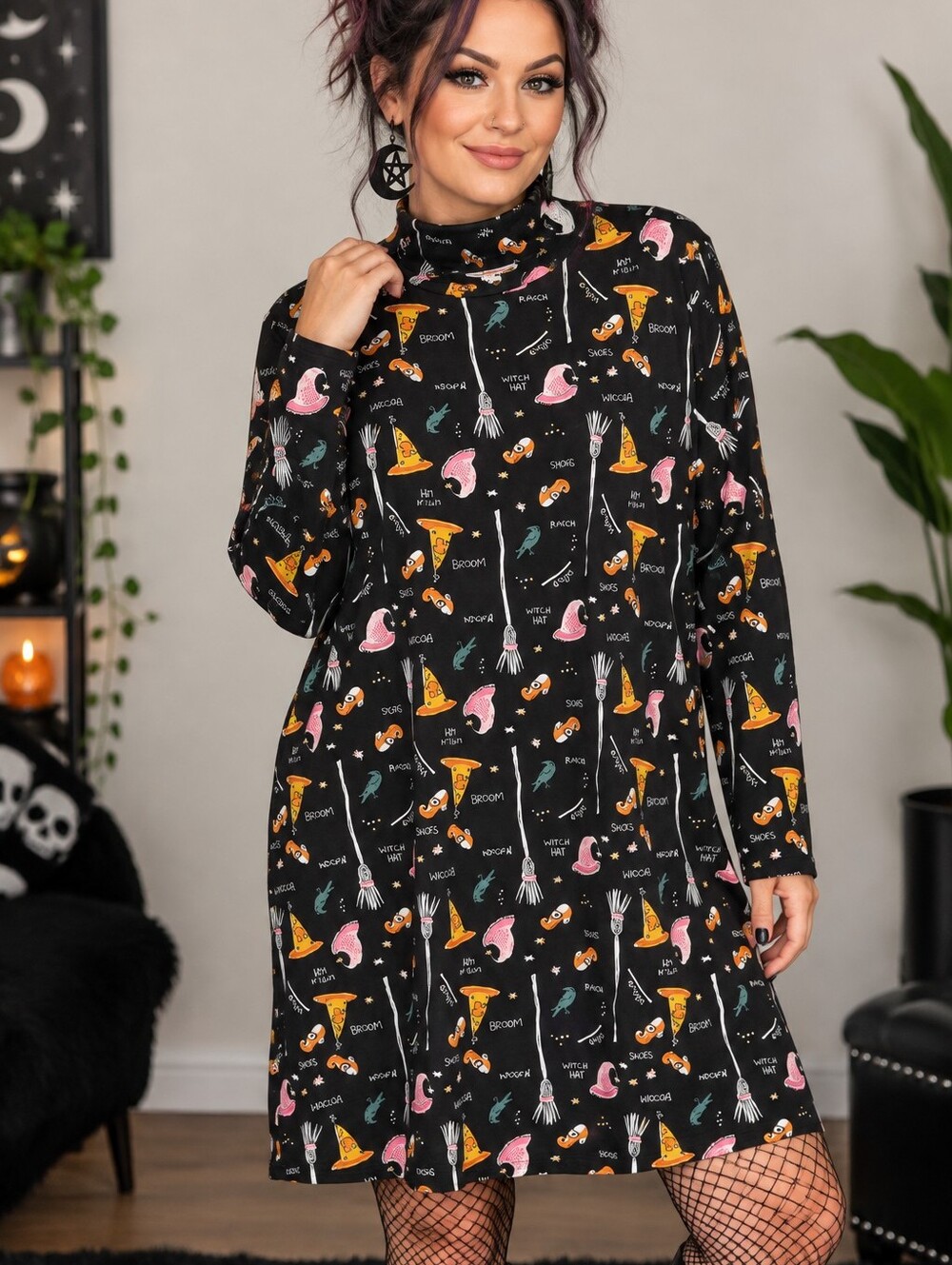 NWT Black Halloween Print Mock Neck Dress